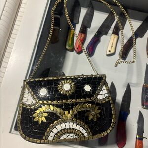 Antik Kraft Black and Gold Floral Mosaic Clutch